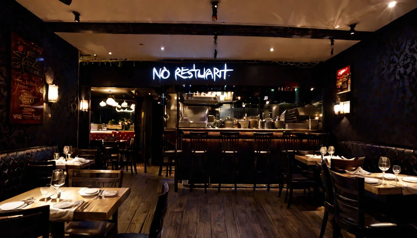 first person view, front of the restaurant, no people in the place, dark night