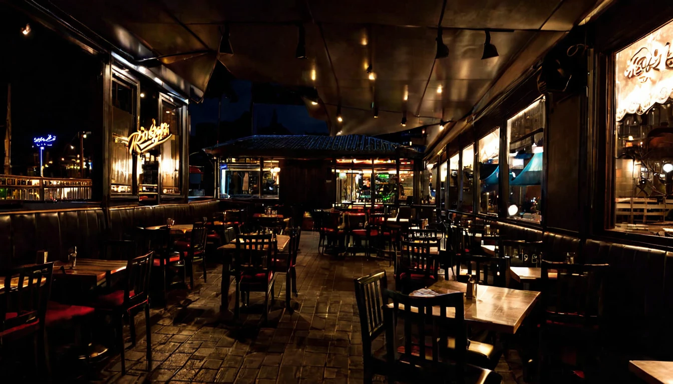 first person view, front of the restaurant, no people in the place, dark night