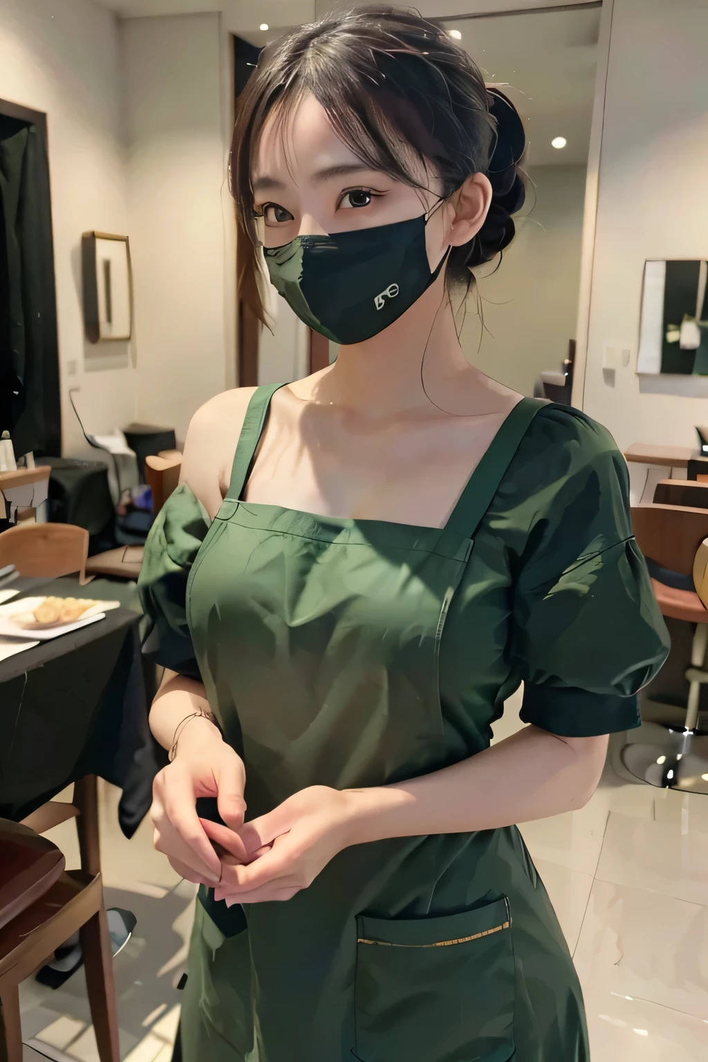 Masterpiece, (top quality), super high resolution, beautiful, visually stunning, elegant, stunning detail, award-winning art, G0S1, mysterious, woman wearing a mask, ponytail, black hair, beautiful, 20 years old, green clothes, green apron on