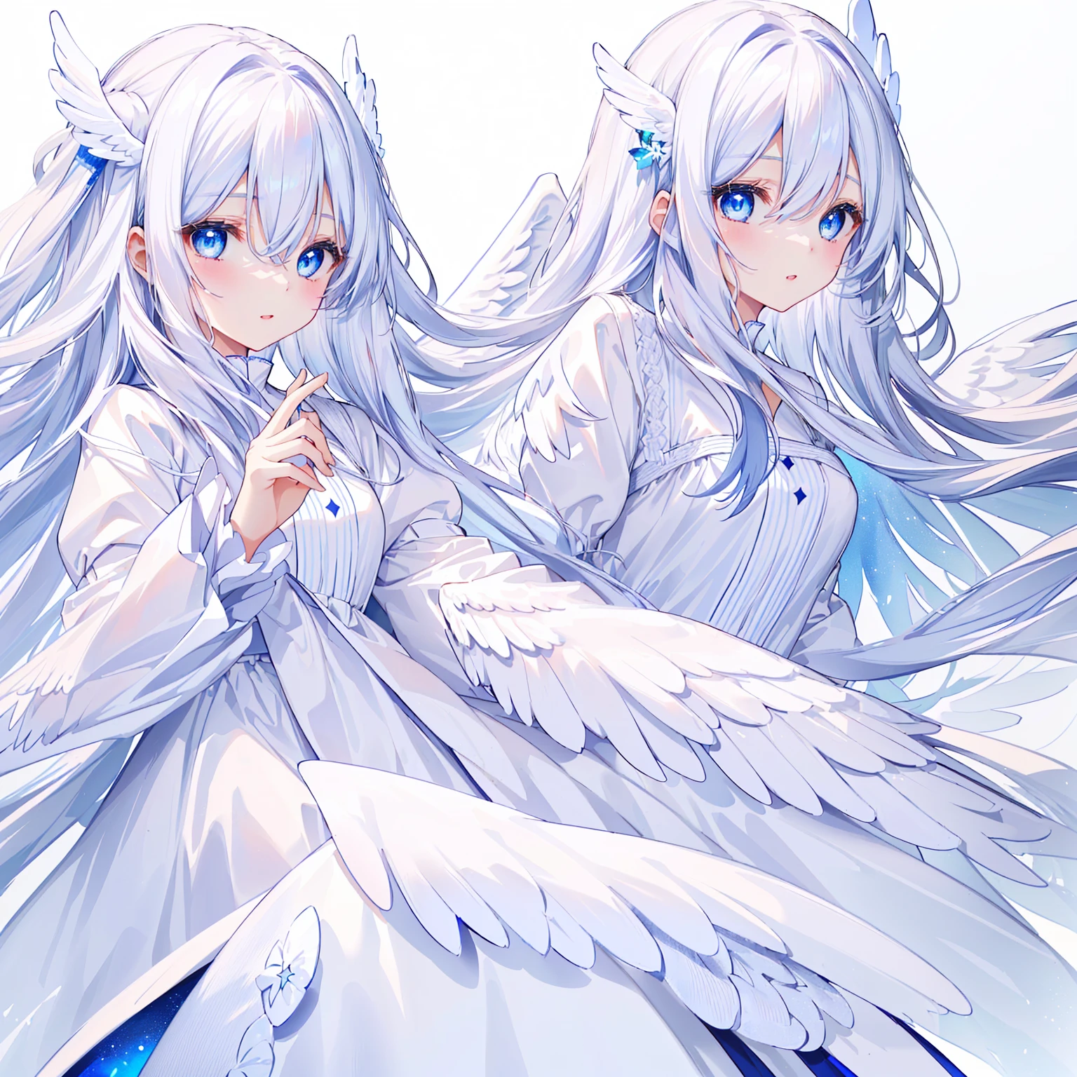 A pretty and cute girl with long white hair and blue eyes、14 Talents、Angel wings on the back、Mouth wide open and eyes wide open、comical、Bright expression、Pure white dress