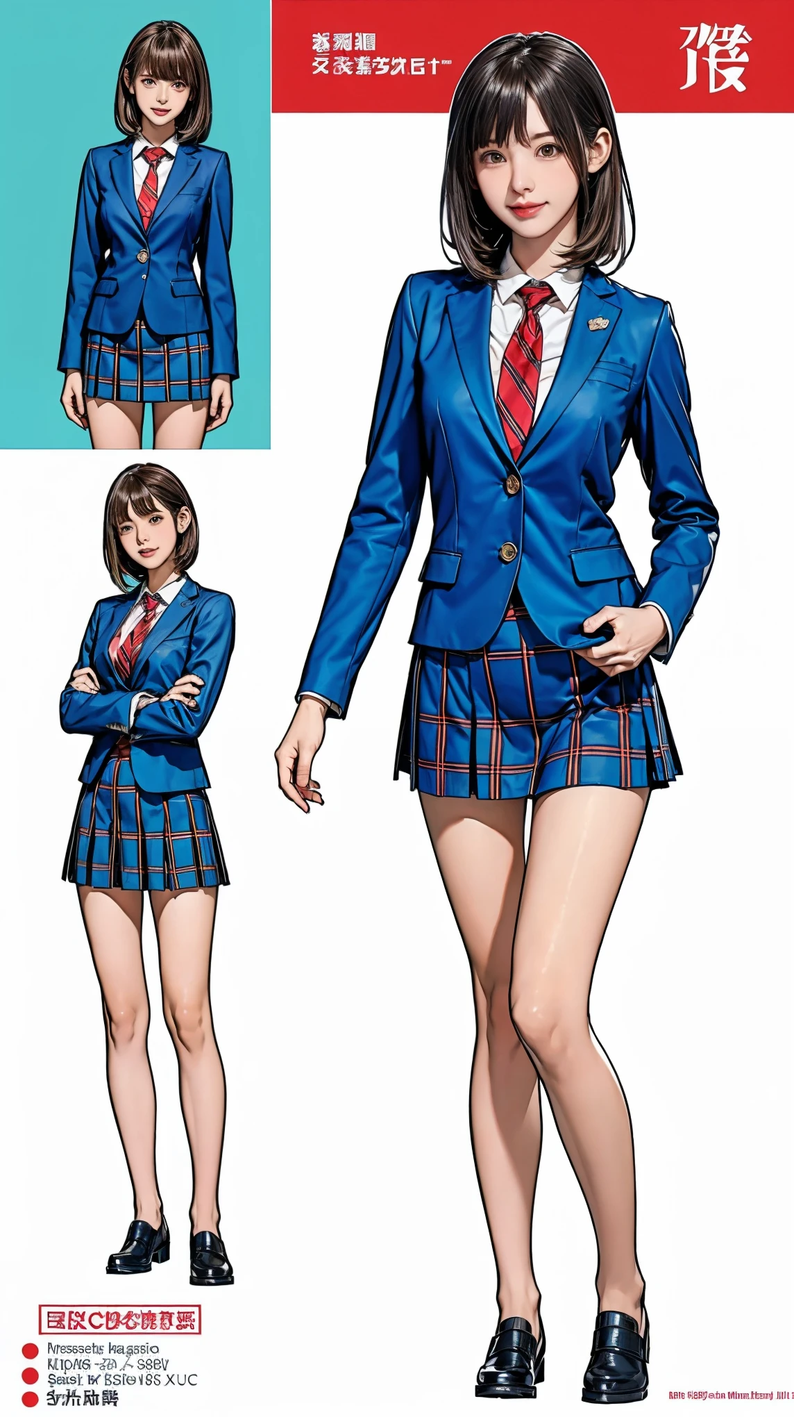 ((masterpiece)),(((Highest quality))),((Character design sheet)),Thin thighs,Long legs,Girl standing in a school classroom,Red Tie Uniform,Dark Blue Blazer,Blue plaid skirt,18-year-old,bangs,A small smile,Random Pause，pretty girl，Slender girl，