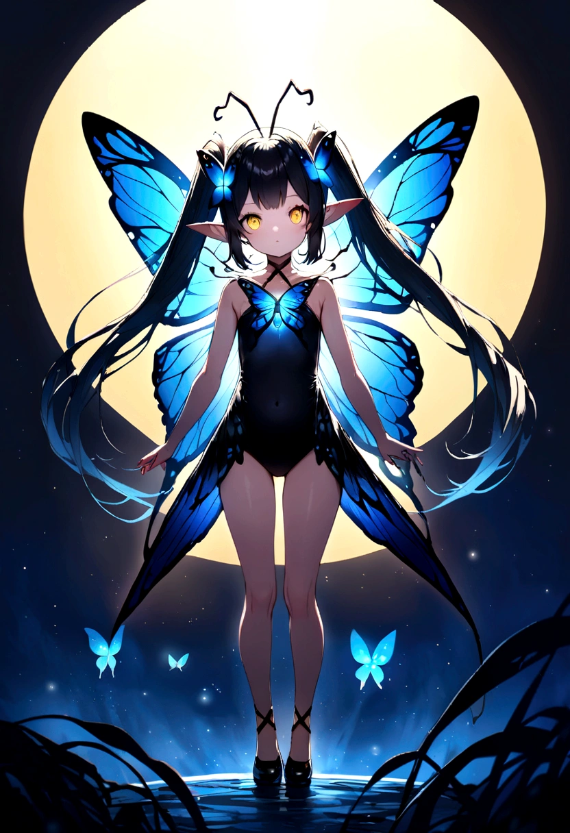 Butterfly fairy girl, black hair tied in two long pigtails, yellow eyes, has 2 butterfly antennae on her head, blue wings with black edges, wears tight black swimsuit-like clothes, black shoes tied with black bow.