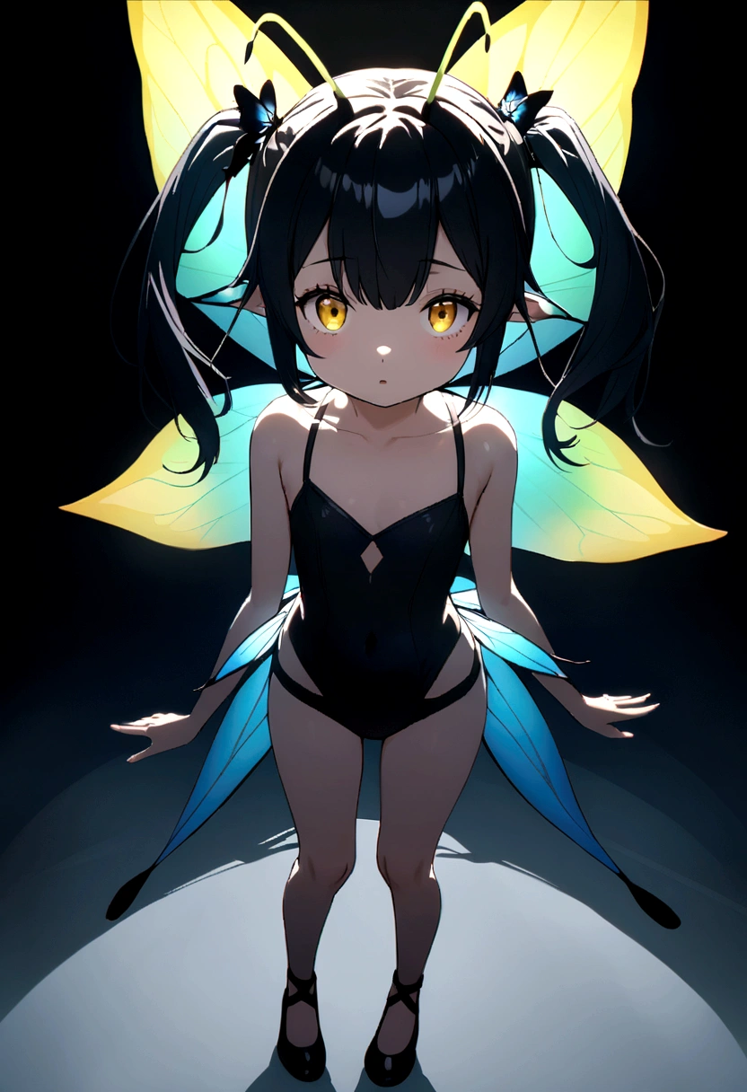 Butterfly fairy girl, black hair tied in two long pigtails, yellow eyes, has 2 butterfly antennae on her head, blue wings with black edges, wears tight black swimsuit-like clothes, black shoes tied with black bow.