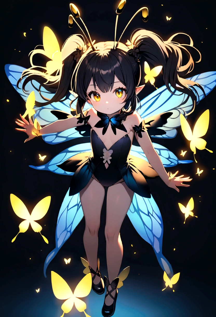 Butterfly fairy girl, black hair tied in two long pigtails, yellow eyes, has 2 butterfly antennae on her head, blue wings with black edges, wears tight black swimsuit-like clothes, black shoes tied with black bow.