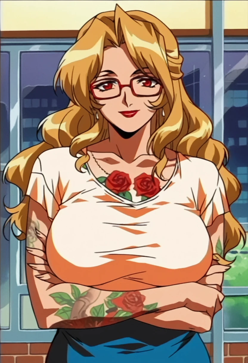 rating_explicit,beautyful mature woman, Shion Karanomori based, blonde wavy hair, encorped body, red glasses, red lipstick, red collant, whole body roses tattoos,,in city, morning, milf, smile, red eyes, crossed arms, large breasts