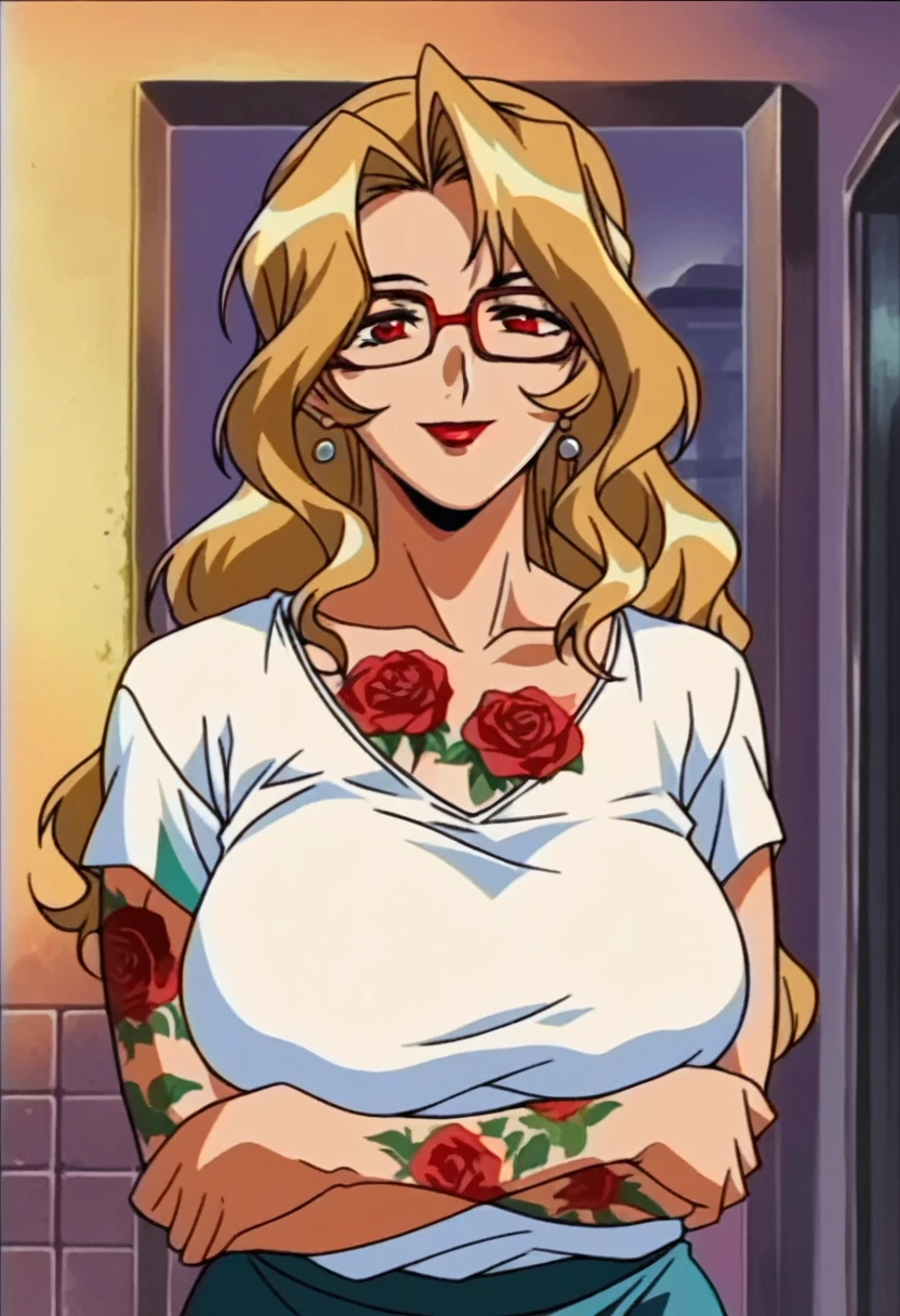 rating_explicit,beautyful mature woman, Shion Karanomori based, blonde wavy hair, encorped body, red glasses, red lipstick, red collant, whole body roses tattoos,,in city, morning, milf, smile, red eyes, crossed arms, large breasts