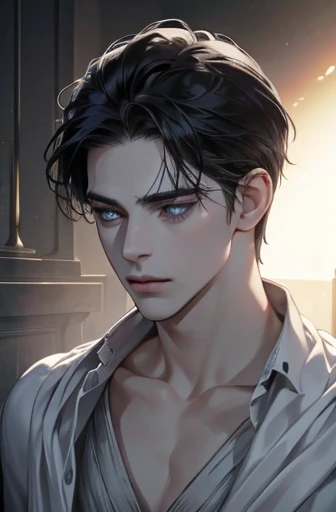 1male with black hair, blue eyes, and pale skin, 31 years old, (best quality,4k,8k,highres,masterpiece:1.2),ultra-detailed,(realistic,photorealistic,photo-realistic:1.37),cinematic lighting,dramatic lighting,intricate details,porcelain skin,elegant,serene,thoughtful expression,atmospheric,moody,dramatic shadows,chiaroscuro,neo-renaissance