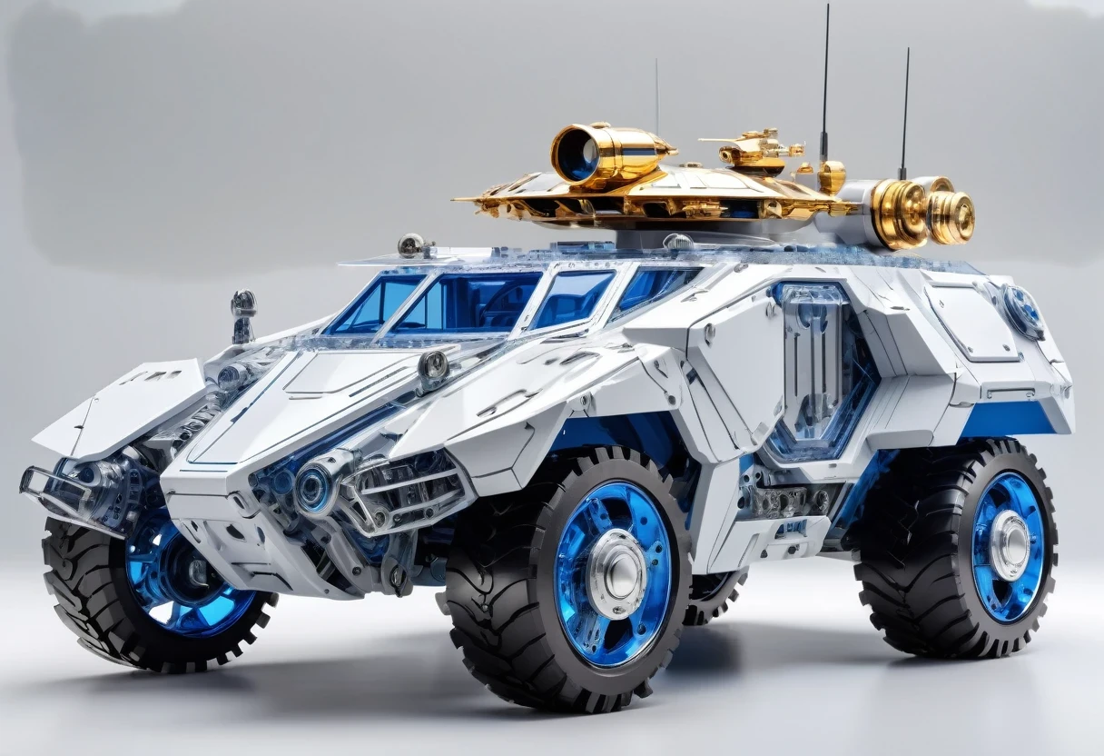 Solid light gray background, Gold and gray transparent mechanical armored vehicle , Complex and sophisticated internal structure,  (Well-designed, High Detail, masterpiece, best quality, Ultra HD, Sharpen details)