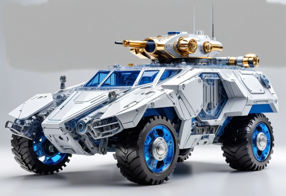 Solid light gray background, Gold and gray transparent mechanical armored vehicle , Complex and sophisticated internal structure,  (Well-designed, High Detail, masterpiece, best quality, Ultra HD, Sharpen details)