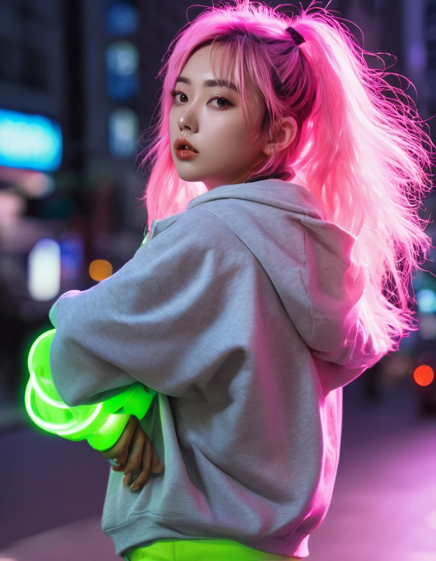 Extreme low angle, full body, (8k, RAW photo, highest quality, masterpiece), High detail RAW color photo, professional close-up photo, (realism, photorealism:1.4), (highest quality), (best shadow), (best illustration) in squat pose, wearing headphone, surreal face with soft skin perfect face, grey-blue eyes, girl long pink hair with harajuku style, good hand, perfect hand, wearing oversized hoodie, bottomless, expose tight, high socks, hiding a hoverboard, waiting for you, Tokyo night, neon, neon pink, neon lime green, wet road, water reflection, zoom in
