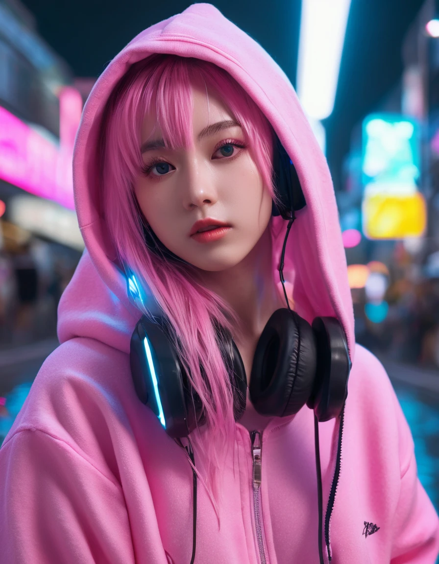 Extreme low angle, full body, (8k, RAW photo, highest quality, masterpiece), High detail RAW color photo, professional close-up photo, (realism, photorealism:1.4), (highest quality), (best shadow), (best illustration) in squat pose, wearing headphone, surreal face with soft skin perfect face, grey-blue eyes, girl long pink hair with harajuku style, good hand, perfect hand, wearing oversized hoodie, bottomless, expose tight, high socks, hiding a hoverboard, waiting for you, Tokyo night, neon, neon pink, neon lime green, wet road, water reflection, zoom in
