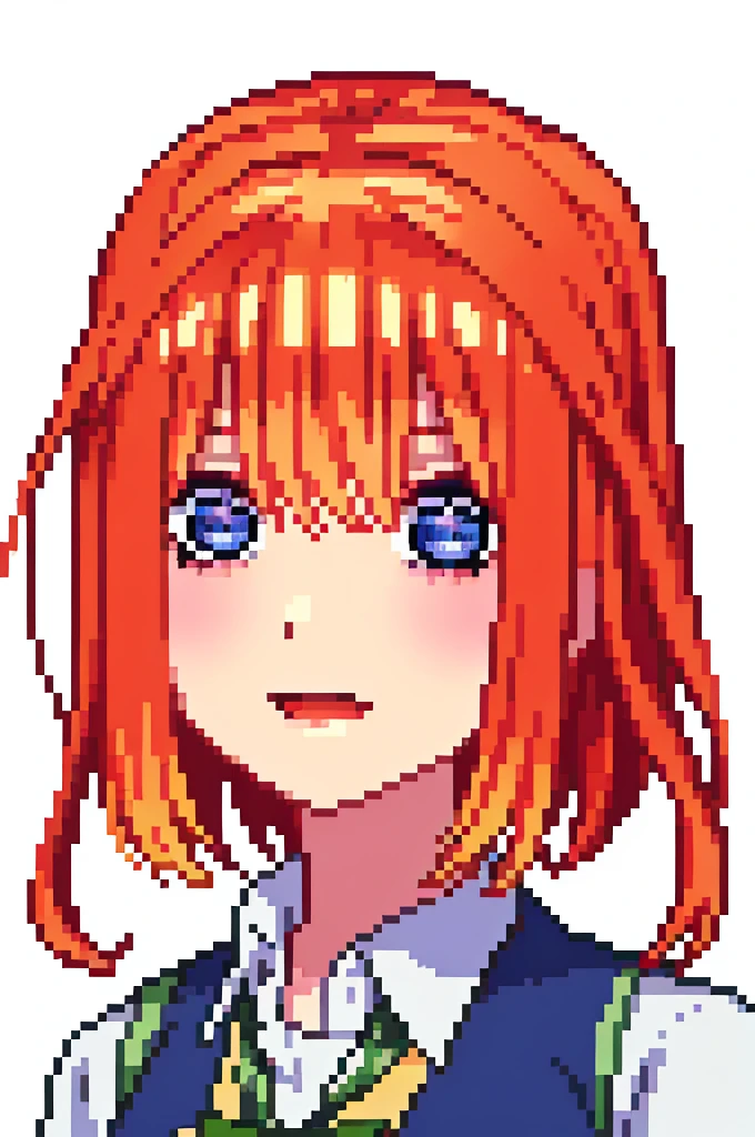 Yotsuba emoji, 1 girl, solo, sticker, (cute), white background, no background, minimal, simple, thick lineart, flat colors, vector style, no gradient, simple stickers, yotsuba nakano, yotsuba nakano head,
masterpiece、top-quality、top-quality, colourfull、 sfw, head shot, chibi, orange hair, aayotsuba, Nakano yotsuba from The Quintessential Quintuplets, dark blue eyes, sparkling eyes, collared white shirt, , expressive, hair ribbons, pixel art