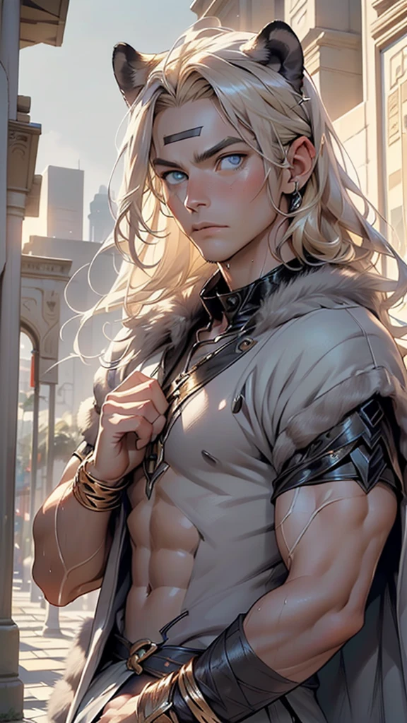 (man:1.5),1 man,male, muscle, (1boy:1.3), muscle, pectoral, muscular,Mature man,
panther man from ancient Egypt,(((panther man,panther male warrior,panther-man))),(macho man:1.2),
(((panther ears,panther ears on head,big panther ears))),(large pectoral:1.4,),(((absurdly long unkept hair,blonde hair,blonde long hair,very long hair,voluminous hair,Thick hair,Dense hair,long hair,colored inner hair))),(((blue_eyes:1.3))),intricate eyes,beautiful detailed eyes,symmetrical eyes,(((lustrous skin:1.5,tanned skin,bright skin: 1.5,skin tanned,shiny skin,very shiny skin,shiny body))),((exaggerated muscles,exaggerated shoulders,very muscular and huge)),man chest,handsome face,((((muscular,hairy body,muscular man,tall,big biceps,abs,big thighs,broad shoulders,open chest)))),(((detailed face))),(((square jaw))),(ABS)
,(huge stature,tall stature),
barbarian,viking,nsfw,
(((gray fur coat,gray fur coat outfit,wearing a gray fur coat:1.3,gray winter coat))),(((furry edge clothing))),((bulge in loincloth)),(wearing a barbarian outfit:1.3,barbarian clothes),((furry fur on his shoulders)),((wet clothes,intricate outfit,intricate clothes)),tribal,
dynamic pose,looking at viewer,angry,centered,scale to fit dimensions,Rule of thirds,
outdoors,(oasis,oasis background),extremely scenery,clouds,Egyptian style,lily pads,palms,reeds,(sunset, golden hour),scenery:1.25,((intricate scenery)),((pillars background,underground palace,egyptian palace background,pyramids in the background))
(Glossy egyptian ornaments),highres,sharp focus,(ultra detailed,extremely detailed),(photorealistic artwork:1.37),(extremely detailed CG unity 8k wallpaper),(((vibrant colors,vibrant theme))),(intricate),(masterpiece),(best quality),artistic photography,(photography taken by sldr),(intricate background),perfect rendered face,perfect face details,realistic face,photo realistic,((intricate detail)),(((realism))),