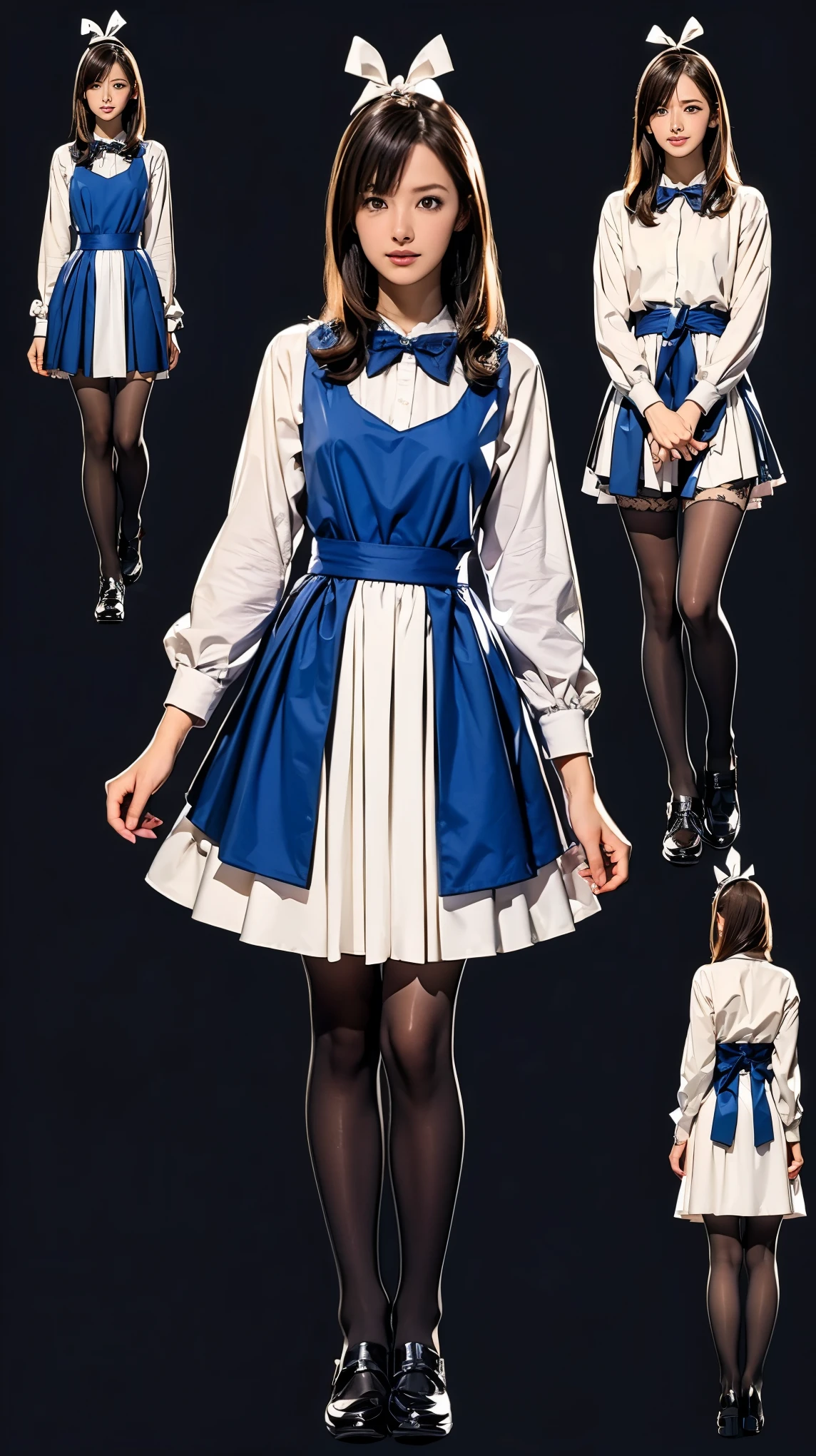 ((masterpiece)),(((Highest quality))),((Character design sheet)),Thin thighs,Long legs,((Alice in Wonderland, wearing a large ribbon on your head,, wear black tights,loafers))、20 year old Japanese woman, (Very slim:1.4)、Low - Angle,Walking:1.5,