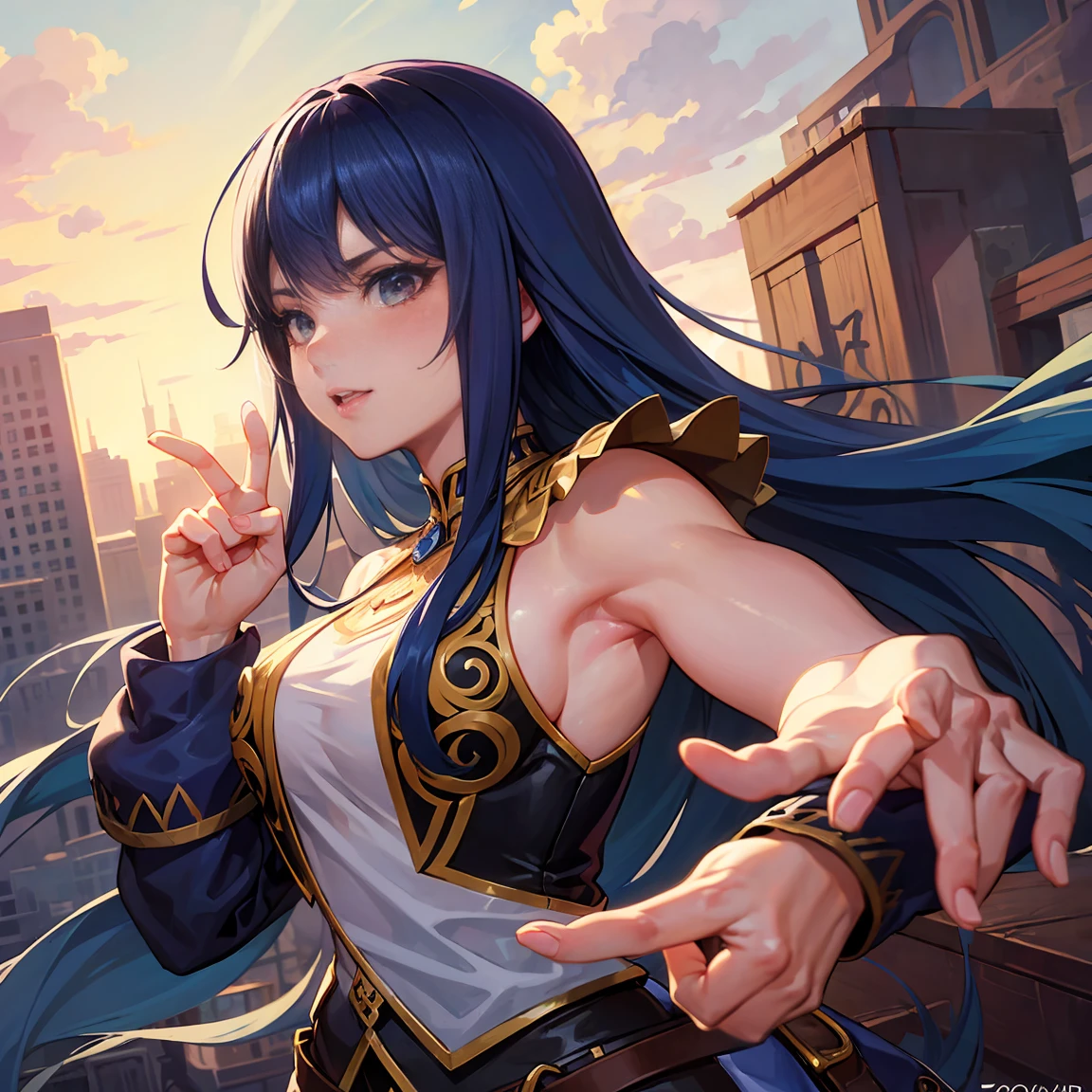 ( high quality , Very detailed, Accurate hands ),One Woman,Female Swordsman, Blue Hair, Long Hair, A revealing adventurer&#39;s outfit,Waist belt,Without skirt,topless,No underwear,High heels,Serious face,Inside the ruins,Combat Ready,whole body,