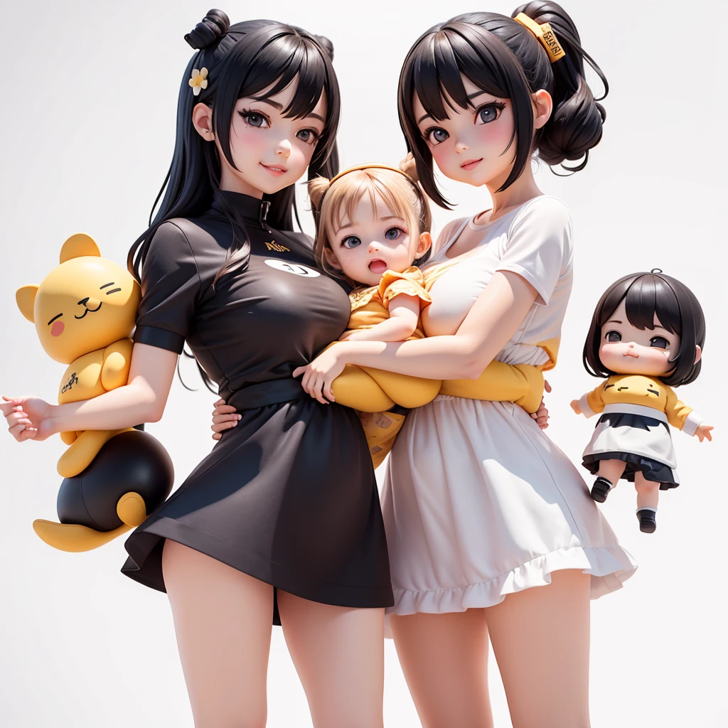 (sticker),white background,(In a circle), (3D anime family), layered black hair, black eyes,fun expression,cute clothes.gold edge,simple, Very detailed, drawingโดยละเอียด, Vector model, Silhouette, 8K, ออกแบบstickerแบบมืออาชีพ, Flat design, Vector Lines, sticker, drawing, drawing, Full HD, family of four, There are father, mother and daughter., baby in arms, express warmth,