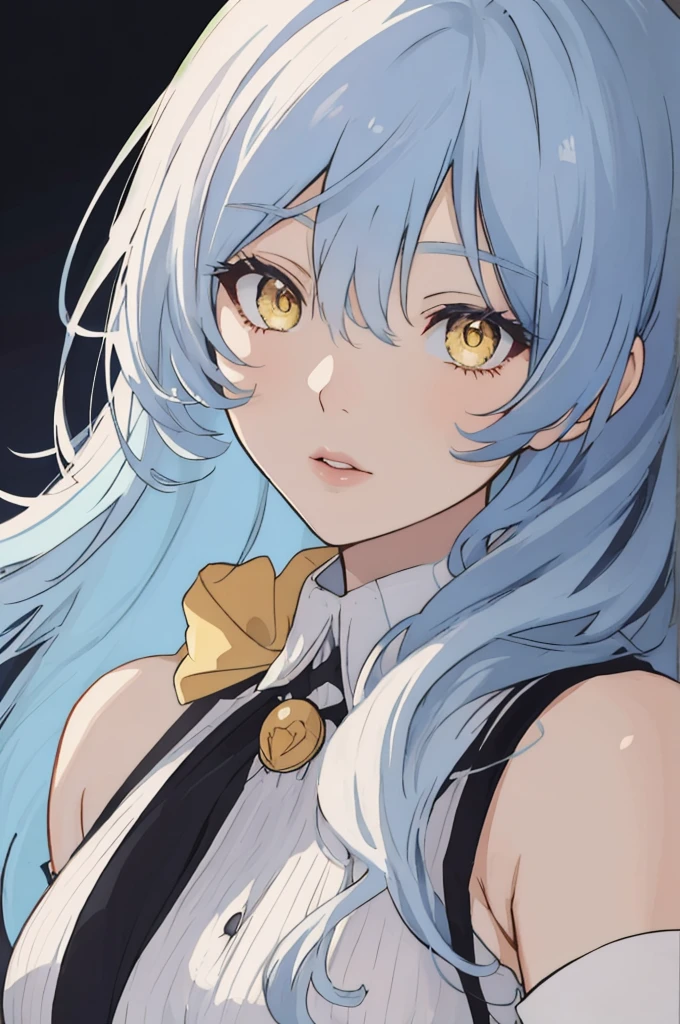 anime style, 1girl, light blue hair, long hair, yellow eyes, white sleeveless dress, light purple sleeves, lips,, portrait,, big irises