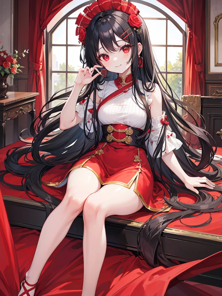 , red eyes, long wavy curry black hair, ???, smile, background in western mansion. Wear a flower-shaped hairpin on only one side