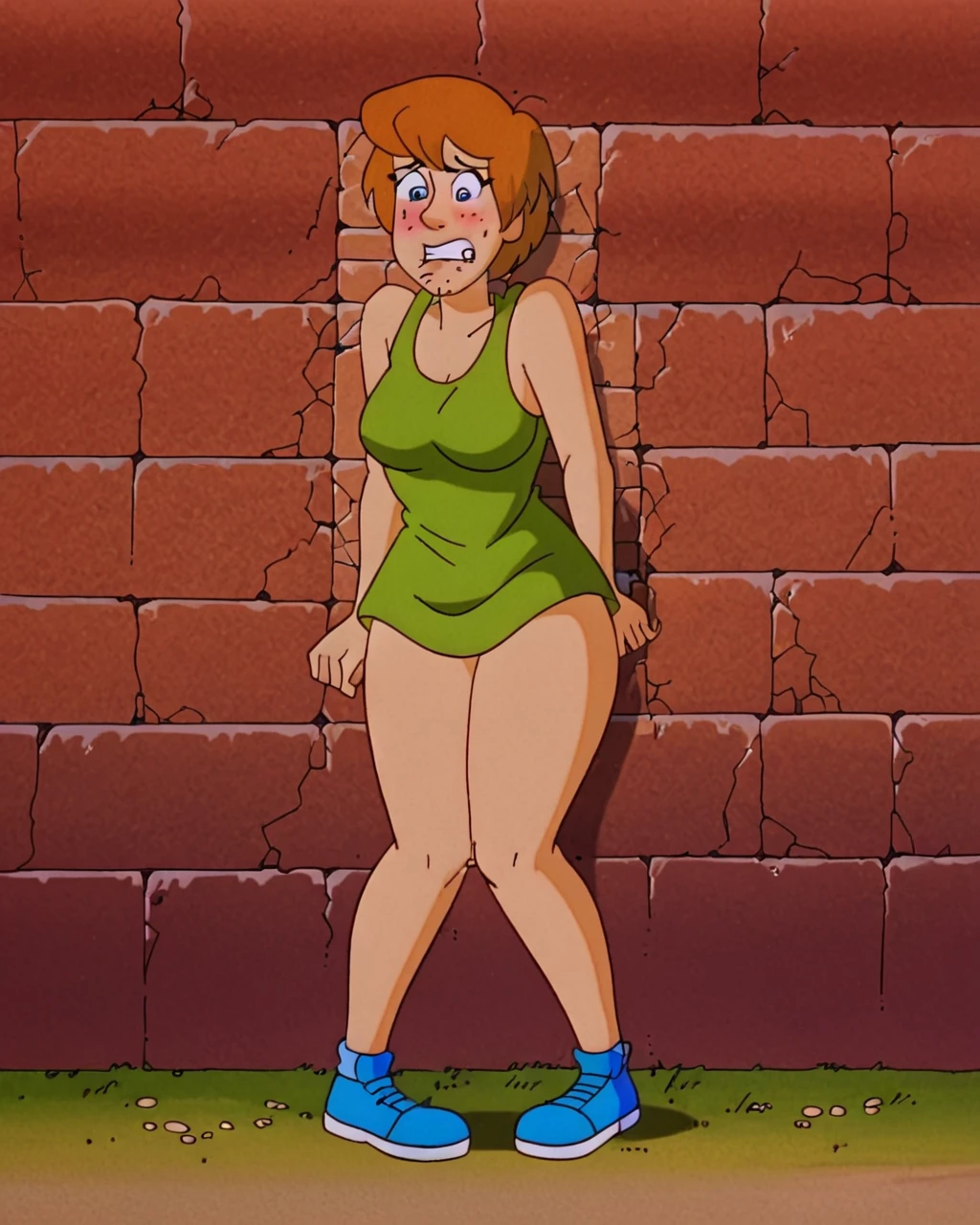 shaggy rogers, tank top, bottomless, stuck in porthole, legs together, long penis, eyes looking behind, big butt, embarrassed, shoes