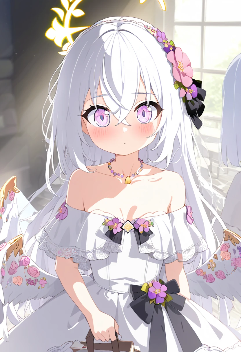 azusa \(blue archive\),AddXL, 1girl 1other alternate_costume angel_wings bare_shoulders blush bouquet breasts bridal_veil bride cleavage closed_mouth collarbone dress feathered_wings flower hair_between_eyes halo holding holding_bouquet jewelry long_hair looking_at_viewer small_breasts necklace out_of_frame pink_flower pink_rose pov pov_hands purple_eyes rose solo_focus strapless strapless_dress veil very_long_hair wedding_dress white_dress white_flower white_hair white_rose white_wings wings