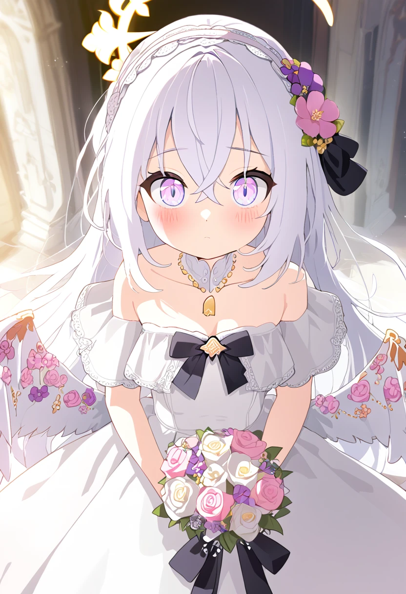 azusa \(blue archive\),AddXL, 1girl 1other alternate_costume angel_wings bare_shoulders blush bouquet breasts bridal_veil bride cleavage closed_mouth collarbone dress feathered_wings flower hair_between_eyes halo holding holding_bouquet jewelry long_hair looking_at_viewer small_breasts necklace out_of_frame pink_flower pink_rose pov pov_hands purple_eyes rose solo_focus strapless strapless_dress veil very_long_hair wedding_dress white_dress white_flower white_hair white_rose white_wings wings