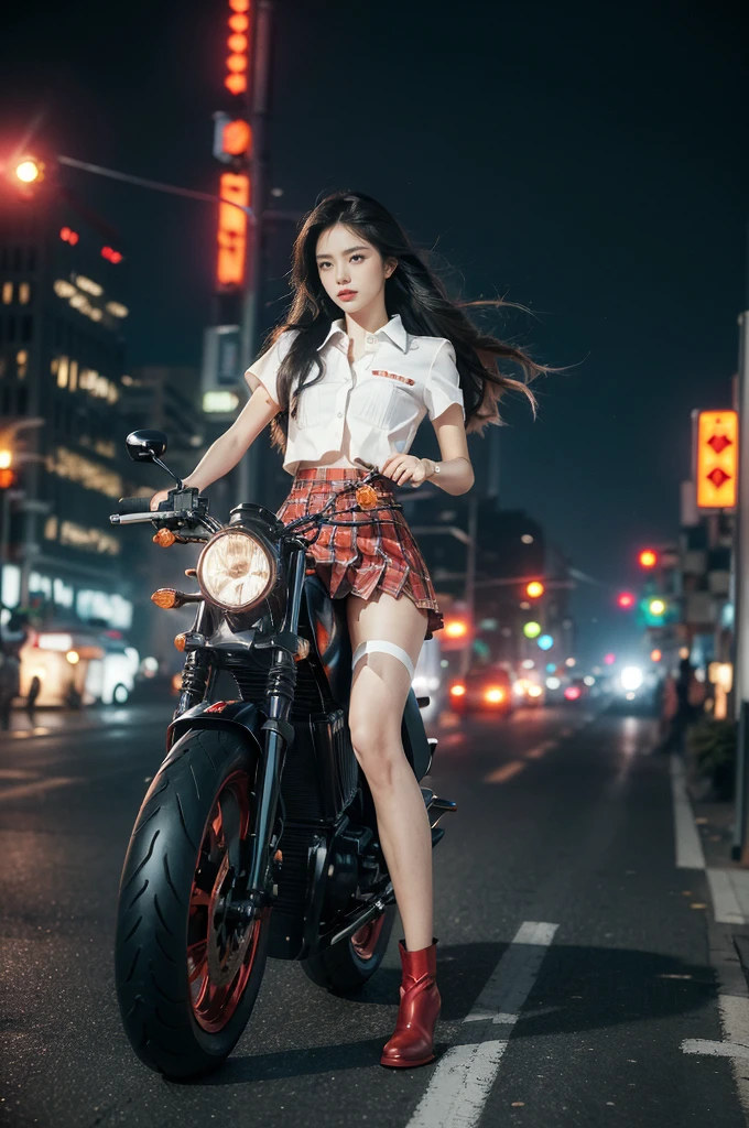 (((best quality))),(((ultra detailed))),(((masterpiece))),illustration,(1 beautiful girl,solo),((slim,thin)),((small breasts,flat chest)),(safety helmet:1.3),shoulder length straight hair,slender legs,cyberpunk, urban street,high school student, JK outfit,(riding on a motorcycle:1.3), sleek, (white collared short-sleeved shirt:1.3), (red checkered pleated skirt:1.3),(pantyhose:1.3), stylish boots, confidence, determination, dark streets, wind, hair blowing, neon lights, skyscrapers, urban noises, traffic, sirens, city sounds, futuristic, dystopian society, technology, fashion, explosive cocktail, style, , modernity, attitude, spirit, anything is possible,from front