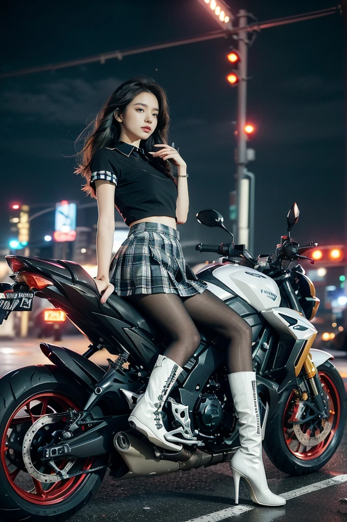 (((best quality))),(((ultra detailed))),(((masterpiece))),illustration,(1 beautiful girl,solo),((slim,thin)),((small breasts,flat chest)),(safety helmet:1.3),shoulder length straight hair,slender legs,cyberpunk, urban street,high school student, JK outfit,(riding on a motorcycle:1.3), sleek, (white collared short-sleeved shirt:1.3), (red checkered pleated skirt:1.3),(pantyhose:1.3), stylish boots, confidence, determination, dark streets, wind, hair blowing, neon lights, skyscrapers, urban noises, traffic, sirens, city sounds, futuristic, dystopian society, technology, fashion, explosive cocktail, style, , modernity, attitude, spirit, anything is possible,from front
