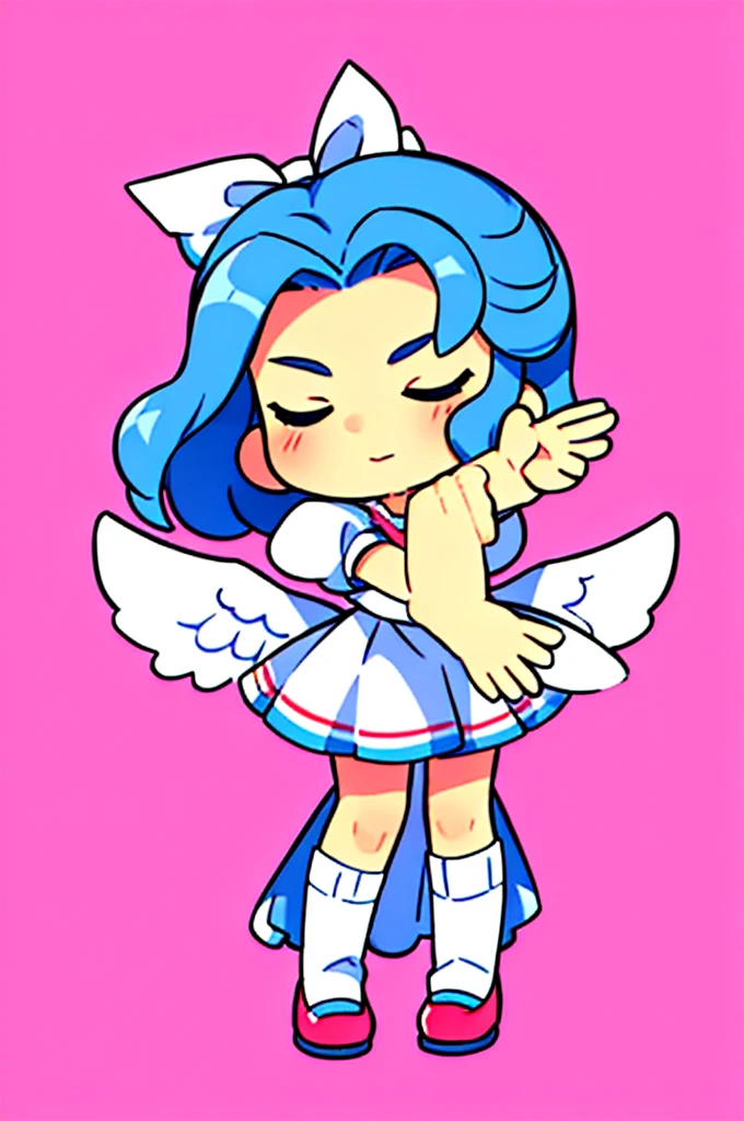masterpiece, best quality, 1girl, , , 10 years old, medium blue hair, hair flaps, pink ribbon on head, well-formed face, blue eyes, angel girl, white blouse, puffy short sleeves, red ribbon, angel wings, long white skirt, red shoes, frills, ribbon head, from behind, to lift up one’s skirt, cowboy shot, from front, standing , raise one leg, crossed arms, arms up behind, arms behind back, hand between legs, put hands hip, one hand on hip, forward hands, arms raised in the air, punch hands, peace sign, waving, put up index finger, sit, lie down, closed eyes, lie face down, looking back, put one hand chest, leaning forward, cleavage, close up, horizontally outstretched arms, horizontally outstretched legs, front view, front face