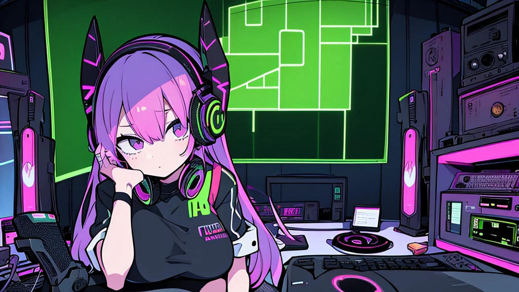 Best quality, (masterpiece), best detail face,1 girl, big breasts, 18 yo, 8k,absurdres,unity 8k wall paper,(extremely detailed:1.3), highest realistic, (retro headphones:), (soft neon light:), (psychedelic), Her room full of music equipment and plants, sexy sports wear , See the whole room, She is leaving the room, dark yellow color palette
