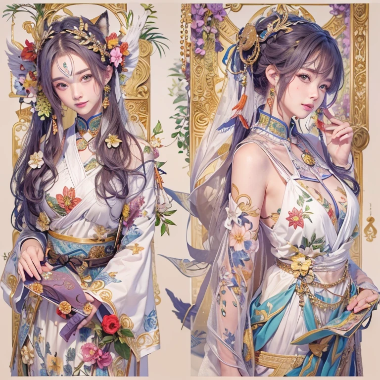 Hiding in an ancient shrine、Hair Flow、 ((Highest quality、masterpiece、8K、Best image quality、Ultra-high resolution、Award-winning works)、(Accurate anatomy:1.1)、(Look at me and smile:1.1)、Shining fair skin with Ultra-high resolution、The most detailed face、Ultra-high resolution detailed face、Ultra-high resolutionの髪の毛、(Ultra-high resolutionの煌めく瞳:1.1)、Beautiful face drawn in every detail、、Ancient Maiden Clothing, Chest to chest, tattoo、Apart from the white fox