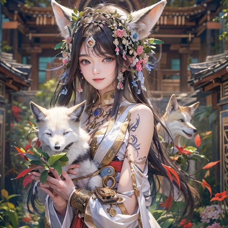 Hiding in an ancient shrine、Hair Flow、 ((Highest quality、masterpiece、8K、Best image quality、Ultra-high resolution、Award-winning works)、(Accurate ???????:1.1)、(Look at me and smile:1.1)、Shining fair skin with Ultra-high resolution、The most detailed face、Ultra-high resolution detailed face、Ultra-high resolutionの髪の毛、(Ultra-high resolutionの煌めく瞳:1.1)、Beautiful face drawn in every detail、、Ancient Maiden Clothing, Chest to chest, tattoo、Apart from the white fox