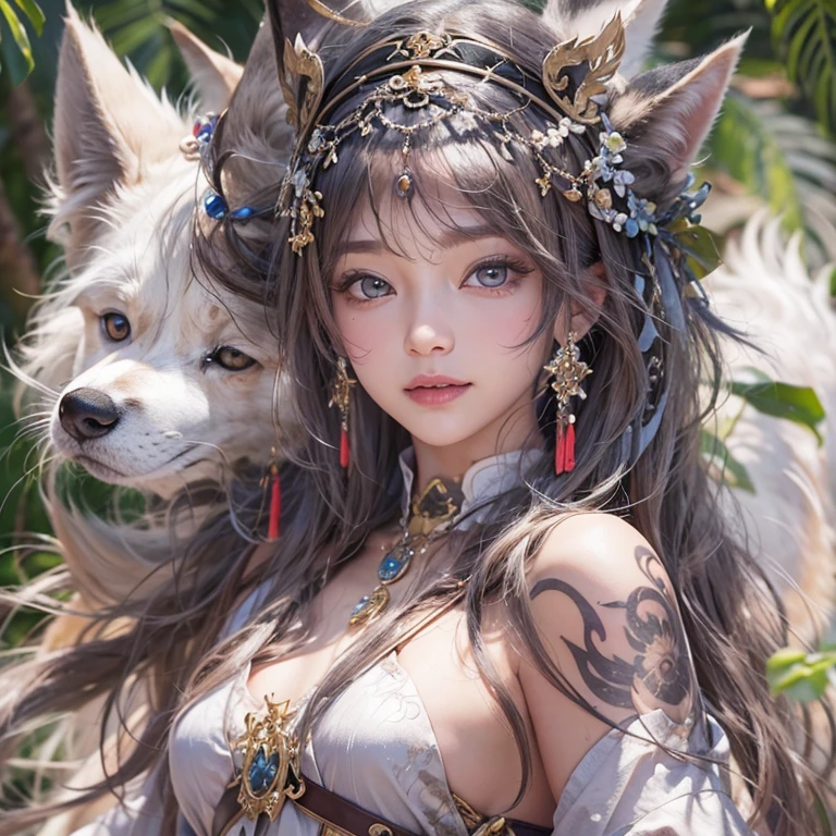 Hiding in an ancient shrine、Hair Flow、 ((Highest quality、masterpiece、8K、Best image quality、Ultra-high resolution、Award-winning works)、(Accurate anatomy:1.1)、(Look at me and smile:1.1)、Shining fair skin with Ultra-high resolution、The most detailed face、Ultra-high resolution detailed face、Ultra-high resolutionの髪の毛、(Ultra-high resolutionの煌めく瞳:1.1)、Beautiful face drawn in every detail、、Ancient Maiden Clothing, Chest to chest, tattoo、Apart from the white fox 