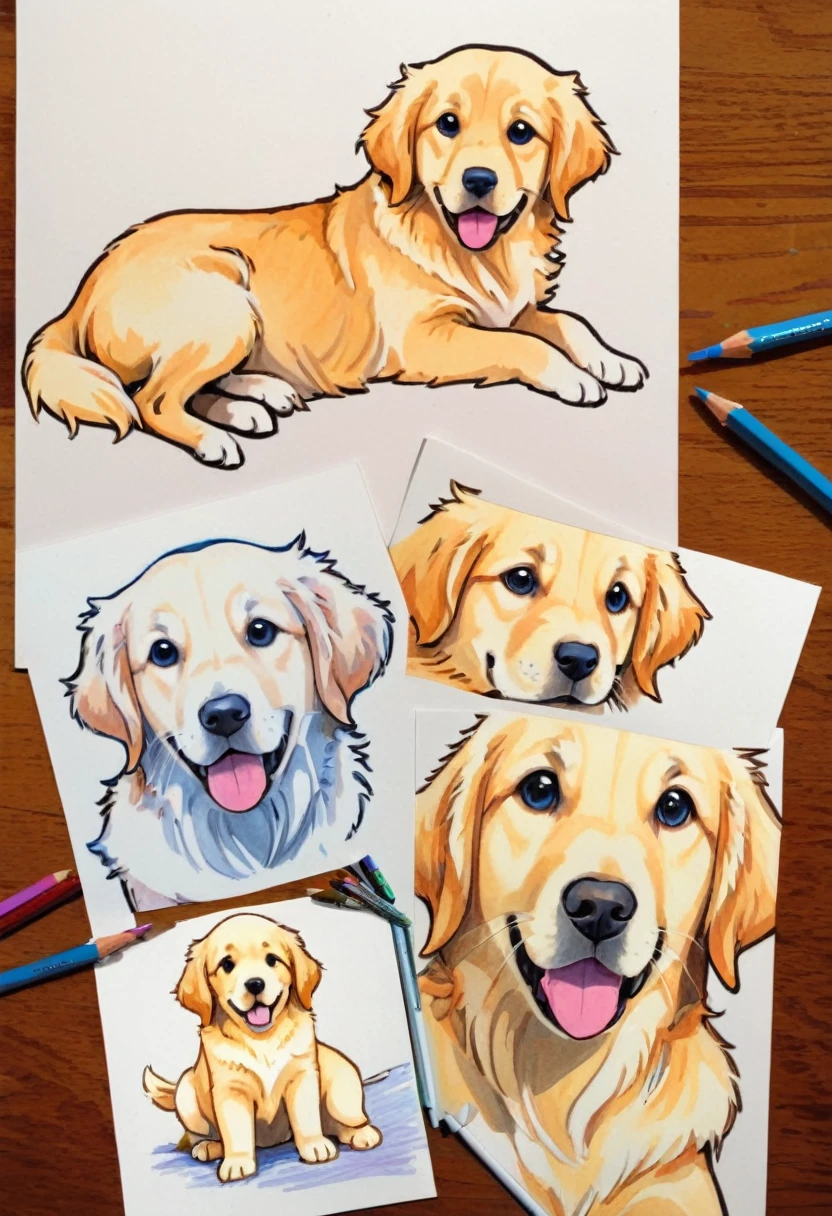 Golden Retriever Puppy，White，Art，，Colored pencil sketch，sketch ，Comic Collage