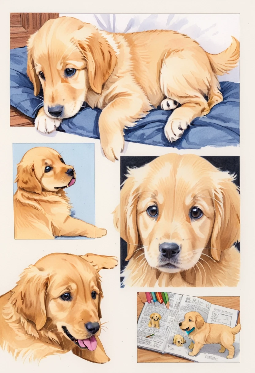 Golden Retriever Puppy，White，Art，，Colored pencil sketch，sketch ，Comic Collage