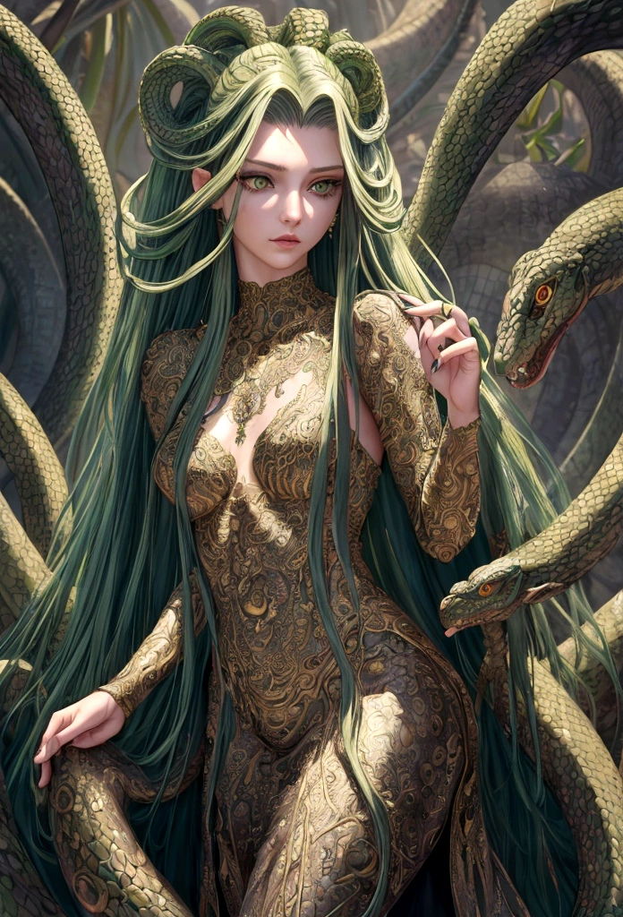 ((best quality)), ((masterpiece)), ((realistic)), Medusa, full body, the hair is composed of countless small snakes, green eyes, female face, metal carved top, royal aura, trend on artstation , sharp focus, studio photo, intricate detail, very detailed, detailed eye, illustration, very detailed, sharp focus, digital render, professional, 8k