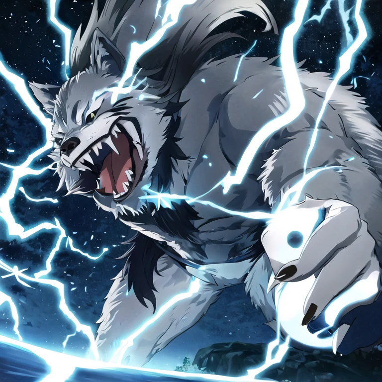 action shot of breathtaking 1boy ,facial mark,black eyes,white sights, fangs, dake blue skin, werewolf
. award-winning, professional, highly detailed. Movement, energy, dynamic, intense