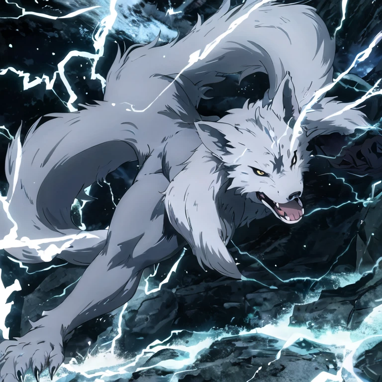 action shot of breathtaking 1boy ,facial mark,black eyes,white sights, fangs, dake blue skin, werewolf
. award-winning, professional, highly detailed. Movement, energy, dynamic, intense