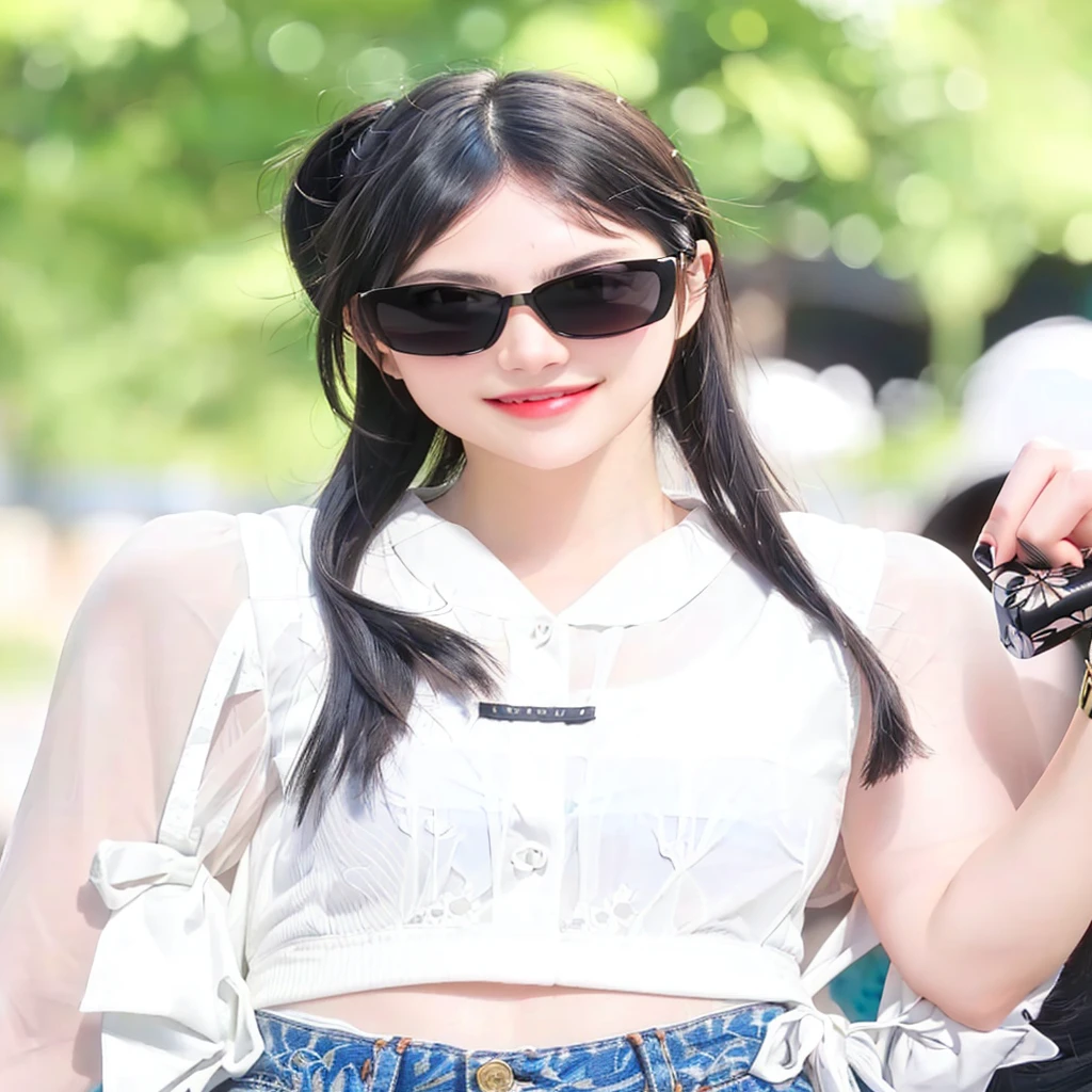 a close up of a 2D wearing sunglasses and a white top