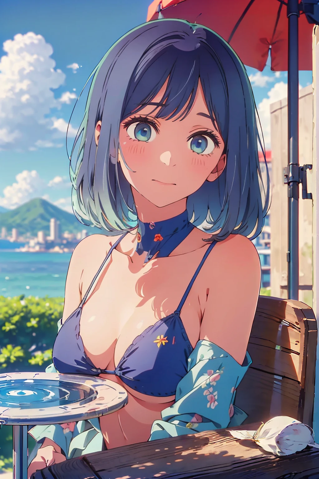 (Highest quality:1.4、masterpiece:1.4、Super detailed:1.4、8K:1.4)、F cup bust、Big Breasts、Slim body、((((1 person、Surprised expression、sit、In the background are the urban buildings of Tokyo、looking at the camera、Outdoor café terrace、coastal、Navy hair color、Shooting from an oblique angle、juice、table、Very cute face))))、((nude、Areola、bikini size too small))、Very blue sky、A completely cloudless sky、Big eyes、((((Shallow depth of field))))