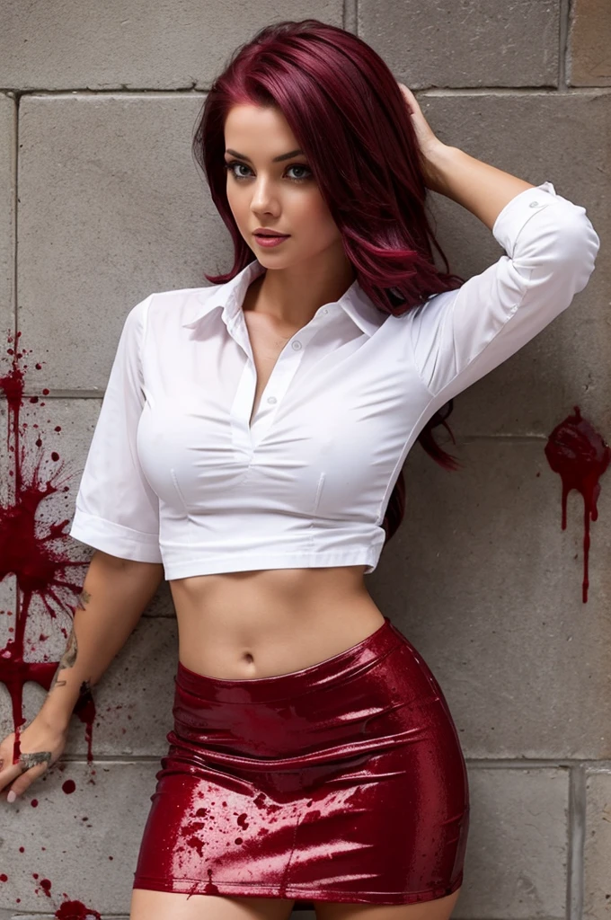 Hot woman with burgundy hair white shirt splattered in blood and tight mini skirt