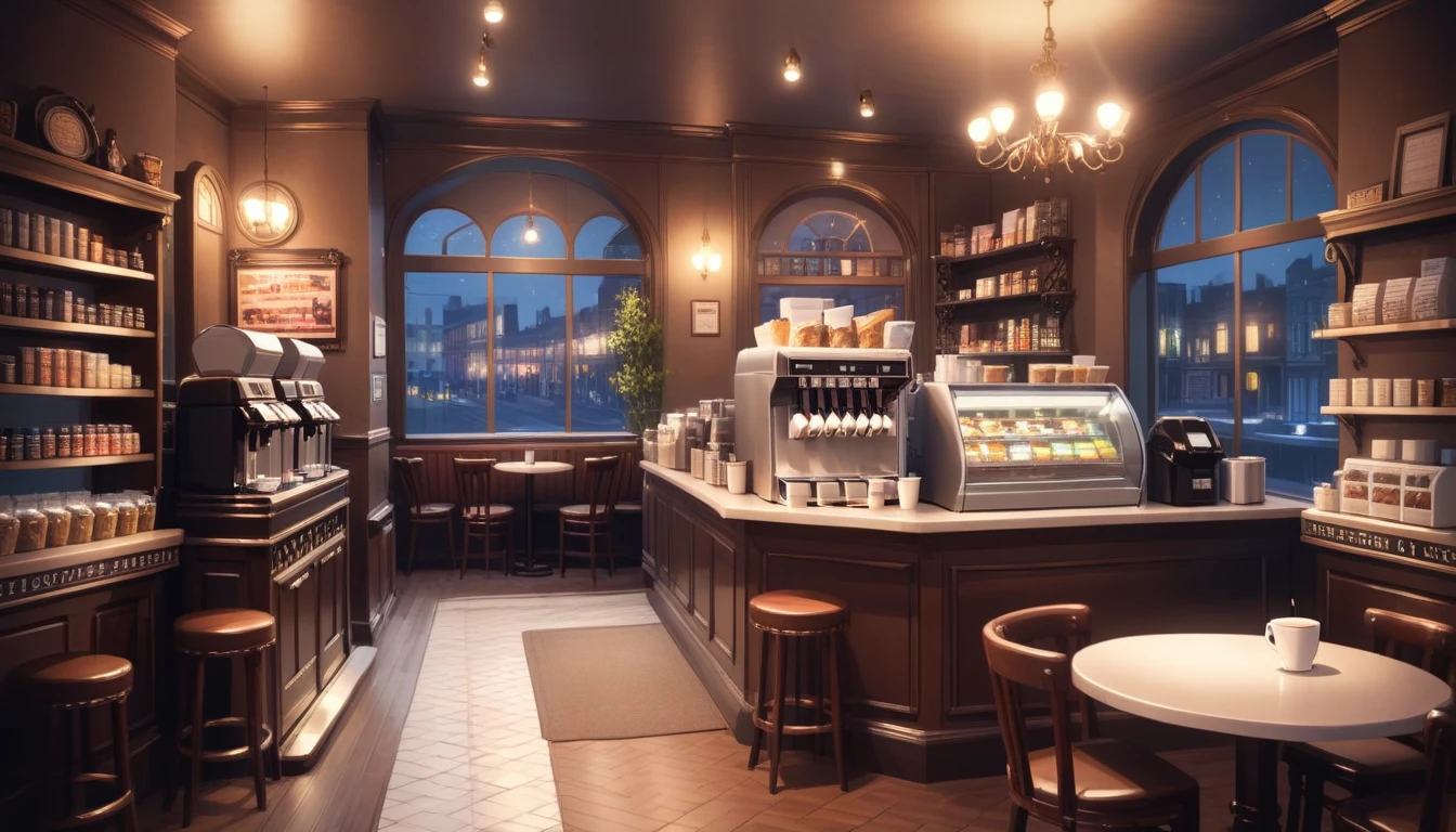a victorian cozy night time at a coffe interior with cozy lighting and sweets in the shelves. There are coffee cups in the tables. a cash machine and a coffee maker machine in the counter,There is a big window in the middle of the coffeeshop and the outside view is the city at night