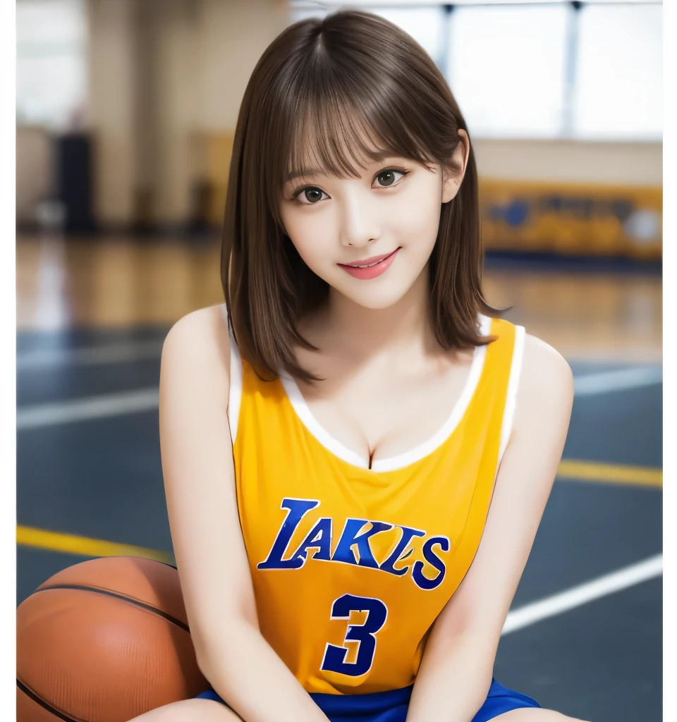 Highest quality、、Ultra-high resolution、masterpiece、Clear photos、Professional Lighting、smile、very cute女の子、very cute、Very delicate and beautiful、(Large erect nipples、I can see her cleavage)、Super Slender、Slender body、Narrow waist、Beautiful legs、(Basketball Player)、(sitting on the basketball court in the gym、Sitting facing the camera、With legs wide open)、Berry Shortcut、Brown Hair