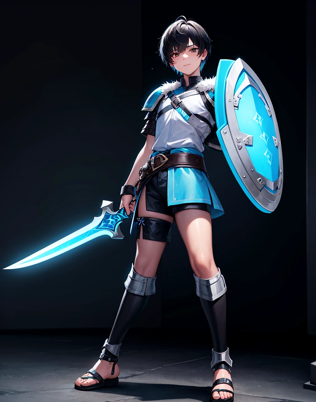 Young 13-year-old boy with black hair and brown eyes, innocent and happy, dressed in short neon-blue medieval barbarian clothes, fur shorts, light-blue battle armor, weilding silver sword and shield, sandals; fullbody; short hair, boyish athletic, sexy, medieval background