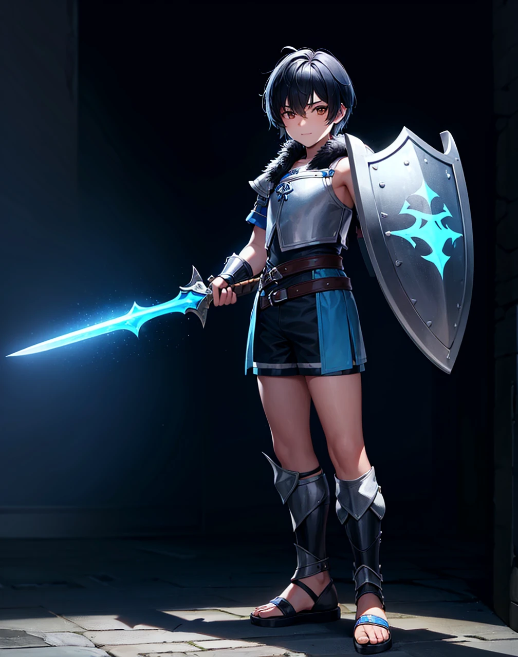 Young -yeld boith black hair and brown eyes, innocent and happy, dressed in short neon-blue medieval barbarian clothes, fur shorts, light-blue battle armor, weilding silver sword and shield, sandals; fullbody; short hair, boyish athletic, sexy, medieval background