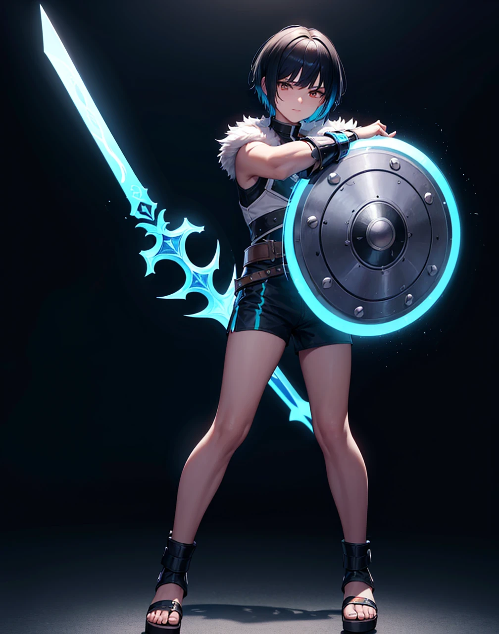 Young 13-year-old boy with black hair and brown eyes, innocent and happy, dressed in short neon-blue medieval barbarian clothes, fur shorts, light-blue battle armor, weilding silver sword and shield, sandals; fullbody; short hair, boyish athletic, sexy, medieval background