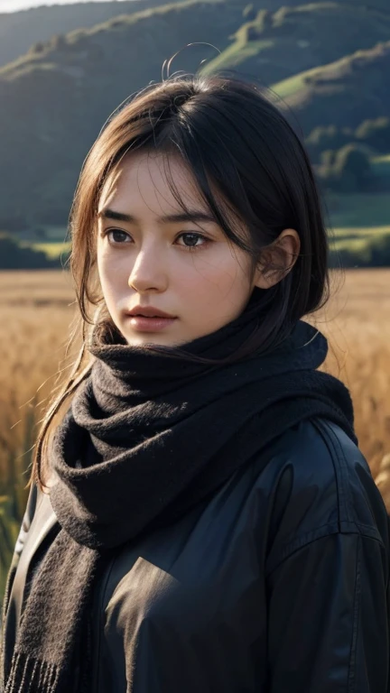 8k, best quality, masterpiece, realistic, ultra detail, photo realistic, Increase quality,
a photo of a girl standing in a field with a scarf, in the style of dark and brooding designer, voluminous mass, photobash, serene faces, jagged edges, navy, natural beauty, close-up shot