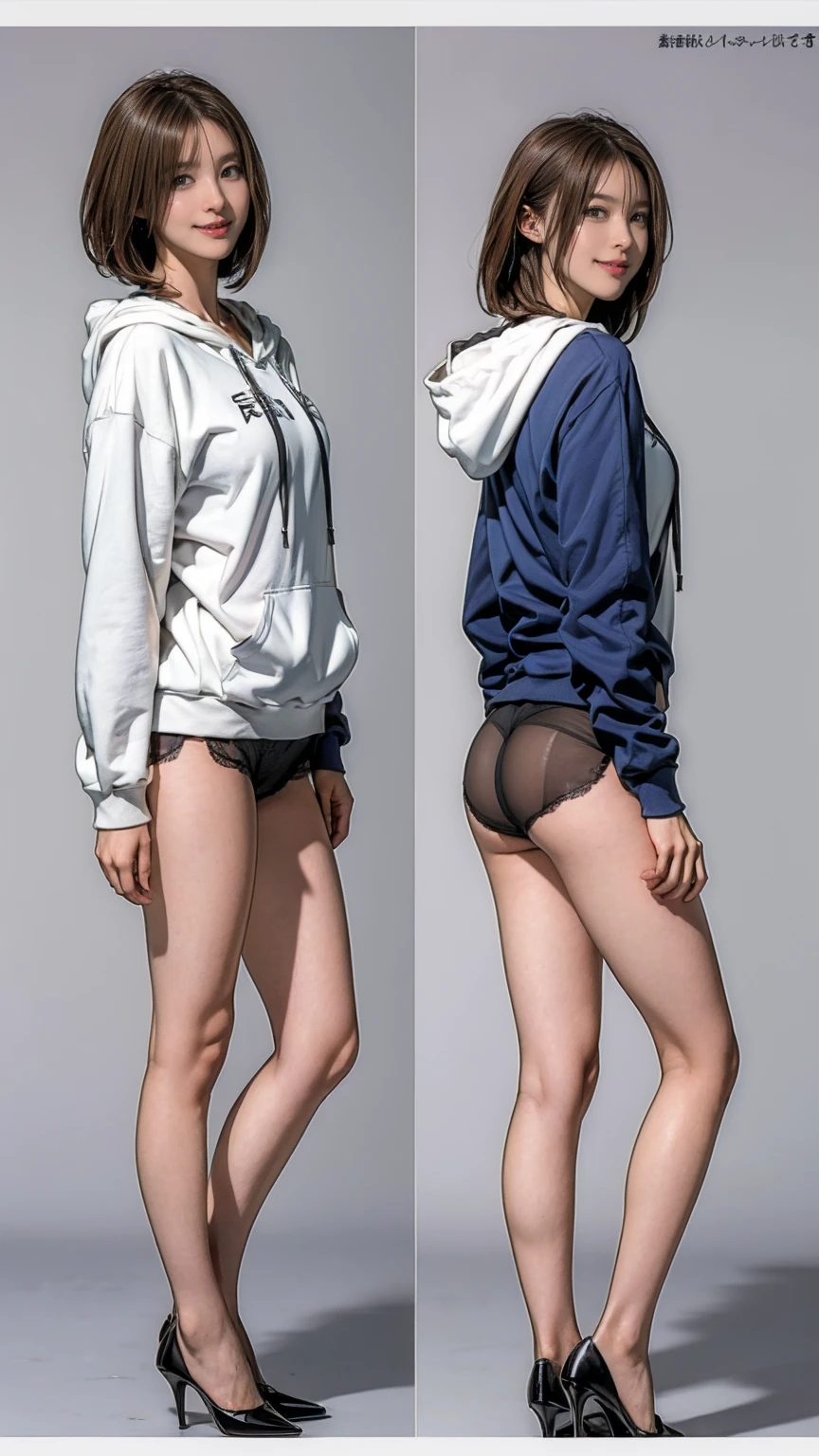 ((masterpiece)),(((Highest quality))),((Character design sheet)), Thin thighs,Long legs,18 year old Japanese girl, Cute type,The best smile:1.5，white long hoodie:1.5, Black panties in full view 1.5，Very short hair ,  (Highly detailed skin), The background is gray，Tuck up your clothes:1.5，Wearing a hood:1.5，Sexy pose with butt sticking out:1.5