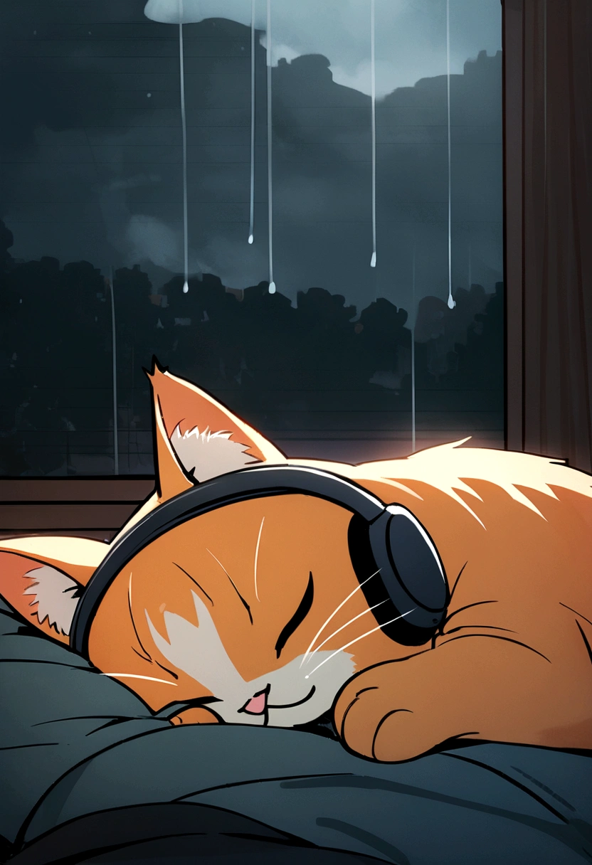 A orange cat wearing a sweatshirt is sleeping while listening to music on a rainy day
