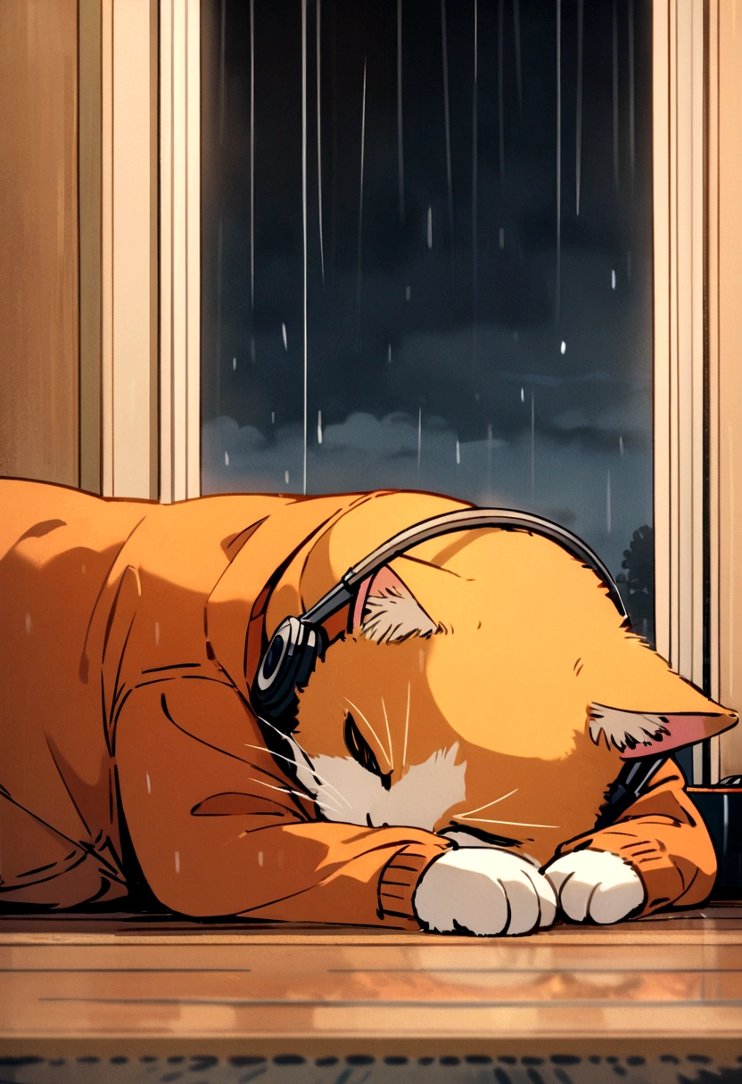 A orange cat wearing a sweatshirt is sleeping while listening to music on a rainy day