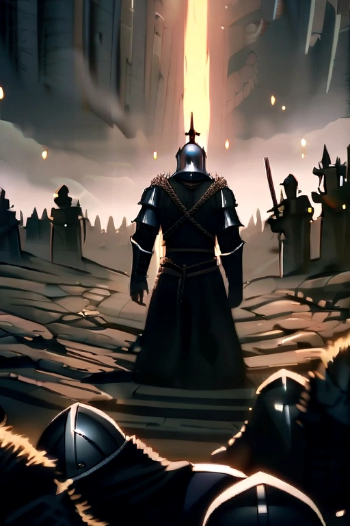 ((manga style drawing)) male templar knight in armor in the middle of a desolate battlefield, with a black cape hanging on his back and a medieval helmet on his head and with a black sword tied to his back by leather ropes